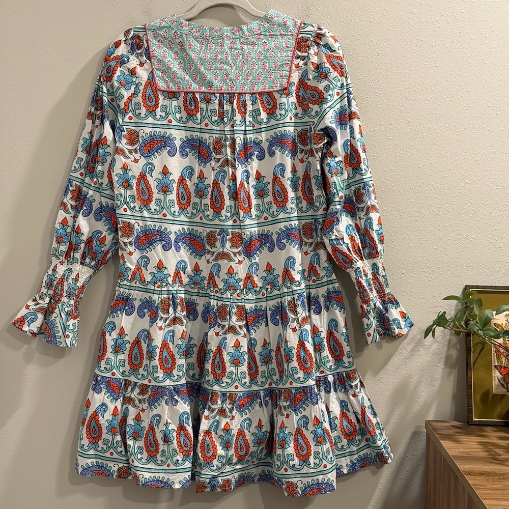 Tuckernuck Size Small Teal Seagrass Print Kenzo Mini Dress Cotton Boho Brunch - Picture 2 of 7